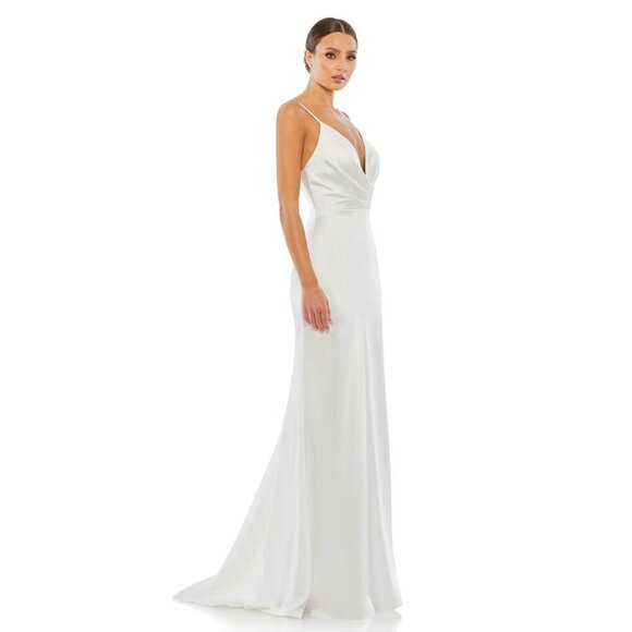 NWT Mac Duggal Plunging Faux Wrap Sleeveless Evening Gown White 8 #8581 - Picture 1 of 9